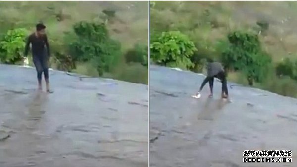 印度一男子河中自拍不慎滑倒跌落瀑布险些丧命