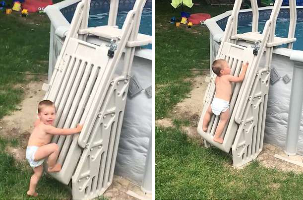 美国两岁幼童攀爬泳池扶梯身手敏捷 引起父母警觉