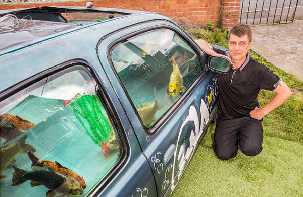 英国一男子将废弃汽车改造成巨型鱼缸