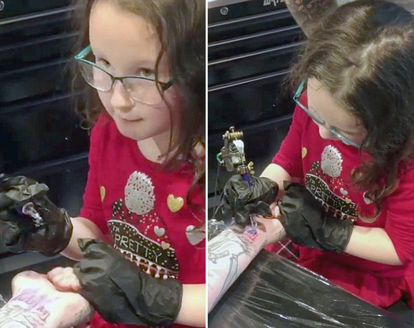 美一音乐家让六岁女儿为其纹身 镜头记录全程