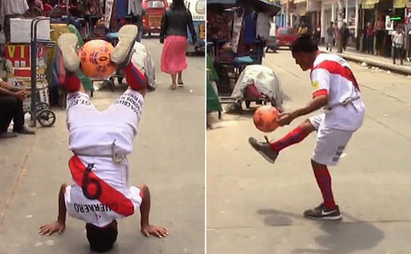 秘鲁八旬老人街头表演花式足球 众人围观赞叹