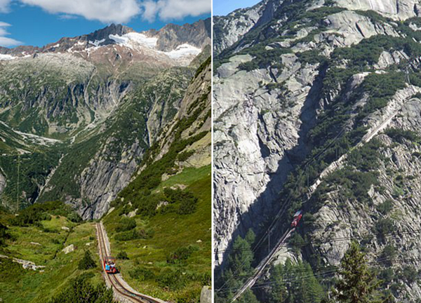 刺激！瑞士极陡缆车从高山驶下犹如过山车