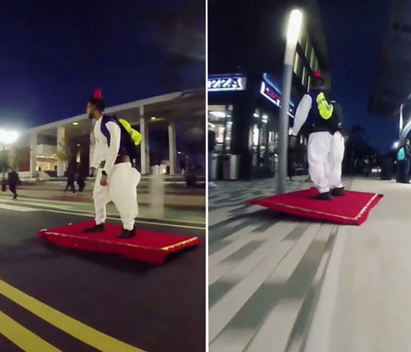 滑板新玩法！美大学生穿阿拉丁服踩“魔毯”街头穿梭
