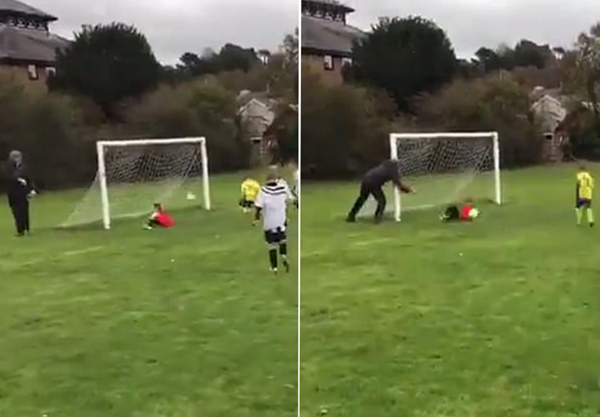 英6岁守门员不知如何防守 被父亲推倒成功阻止射门