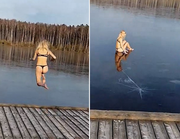 不作就不会死！俄女子猛跳结冰湖面致脚踝骨折