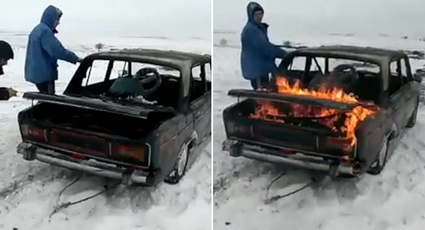 玩命！俄罗斯一男子驾驶着火汽车高速扎进冰湖