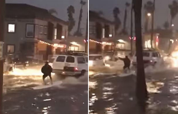 强风暴席卷加州 冲浪者被面包车拖上街道乘风破浪