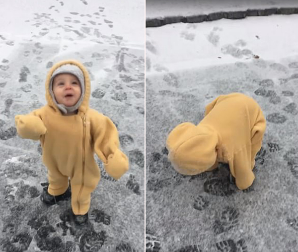 美国一学步男童初见下雪手舞足蹈兴奋不已