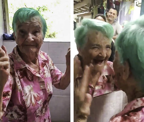 巴西80岁老奶奶第一次染发激动尖叫手舞足蹈