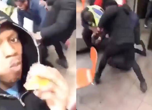 英国麦当劳餐厅发生斗殴 男顾客淡定吃汉堡录像