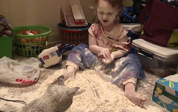 顽皮女童在家中制造“面粉雨” 将自己和猫咪染白