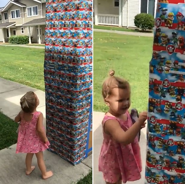 美海军陆战队战士回家探亲 藏进礼物盒给女儿惊喜