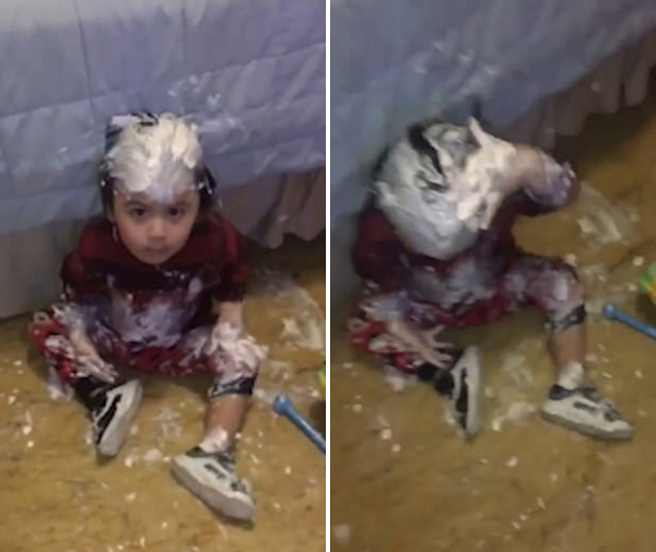 淘气至极！美2岁男童趁妈妈不在玩面霜涂全身