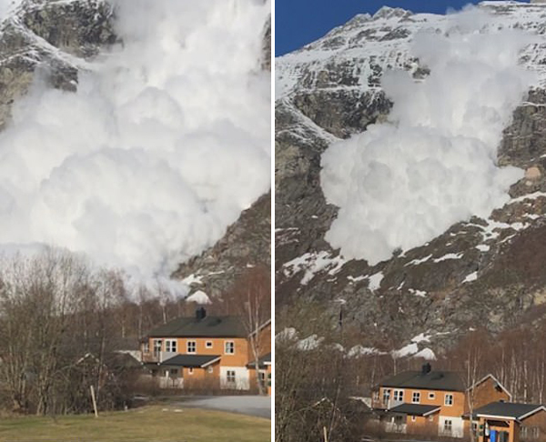 挪威女子山下冷静拍摄雪崩袭向自家画面
