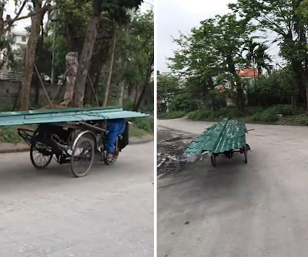 画面清奇！越南一工人趴骑三轮车巧运大型货物