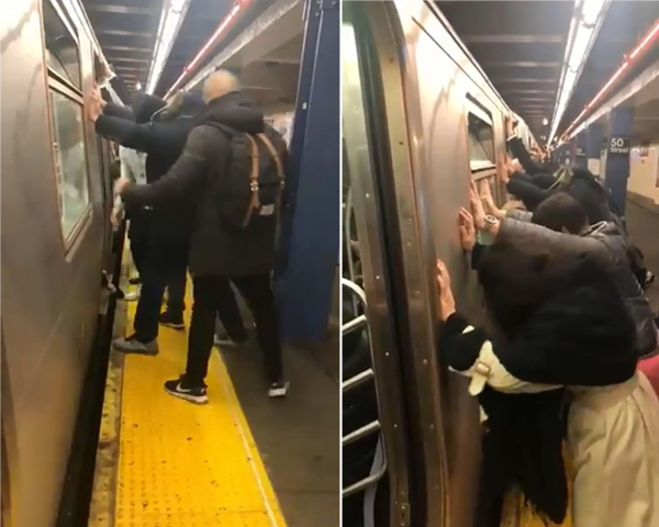 温馨！纽约地铁站众人齐推车帮女子取出行李箱