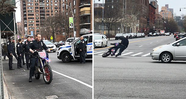 纽约一警察骑没收摩托车急刹车失去重心摔倒
