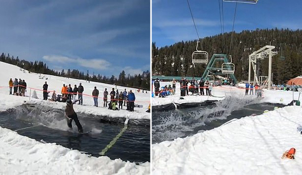 美滑雪者极速滑过水面做前空翻特技引众人惊呼