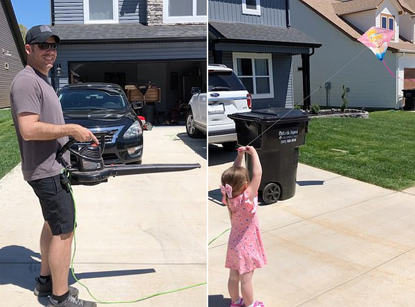 创意！美一父亲用吹叶机帮助三岁女儿放飞风筝