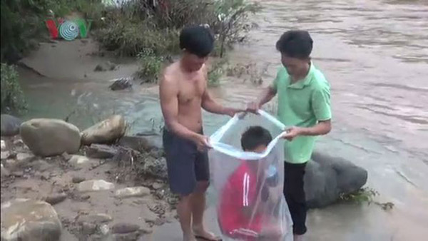 越南河流洪水泛滥 家长用塑料袋运孩子过河上学